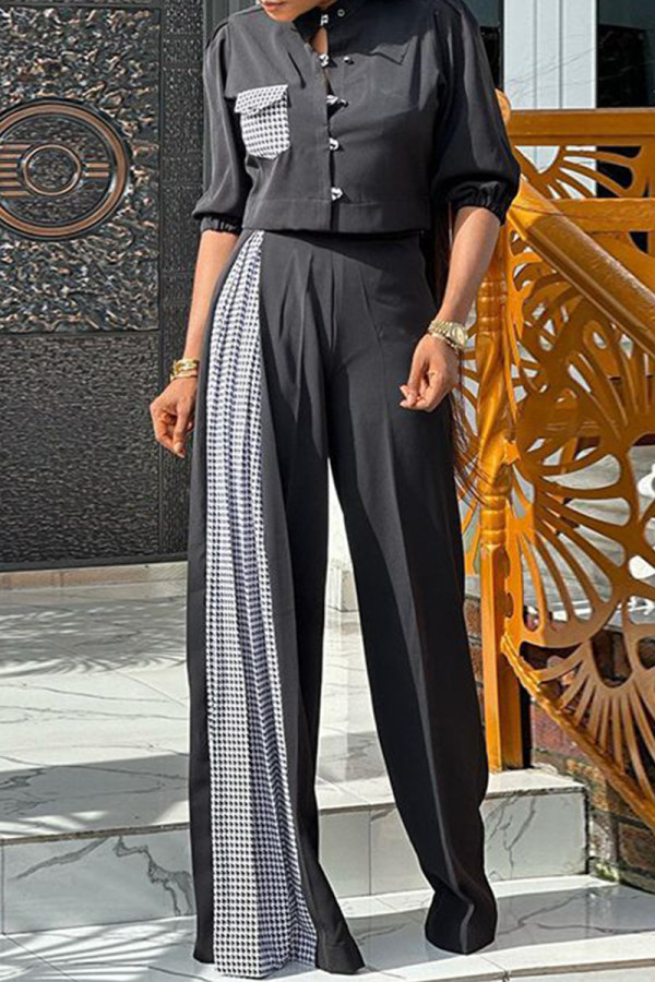 Black Casual Sweet Print Patchwork Pocket Buckle Mandarin Collar Half Sleeve Two Pieces