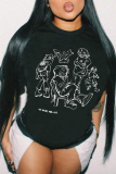 Black Casual Cute Print Patchwork O Neck T-Shirts