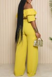 Yellow Casual Solid Backless Off the Shoulder Half Sleeve Two Pieces