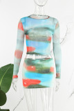 Green Casual Print Basic O Neck Long Sleeve Two Pieces