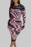 Pink Elegant Striped Patchwork Tie-dye O Neck Printed Dress Dresses