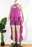 Rose Red Casual Sweet Daily Simplicity Asymmetrical Solid Color Halter Sleeveless Two Pieces