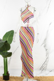 Multicolor Sexy Print Bandage Backless Halter Sleeveless Two Pieces