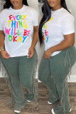 White Casual Letter Print Basic O Neck T-Shirts