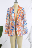 Rose Red Casual Print Cardigan Turn-back Collar Outerwear