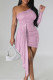 Pink Sexy Celebrities Solid Sequins Patchwork One Shoulder Wrapped Skirt Dresses