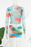 Green Casual Print Basic O Neck Long Sleeve Two Pieces