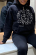 Black Street Vintage Print Draw String Pocket Hooded Collar Tops