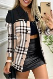 Apricot Casual Print Patchwork Turndown Collar Outerwear