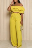 Yellow Casual Solid Backless Off the Shoulder Half Sleeve Two Pieces