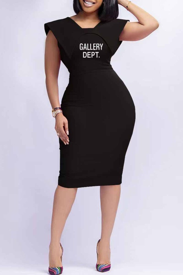 Black Work Print Letter Square Collar One Step Skirt Dresses