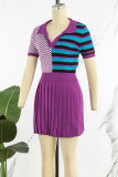Purple Casual Patchwork Pleated V Neck Short Sleeve Two Pieces