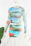 Green Casual Print Basic O Neck Long Sleeve Two Pieces