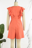 Red Casual Sweet Daily Simplicity Solid Color Stringy Selvedge V Neck Regular Rompers