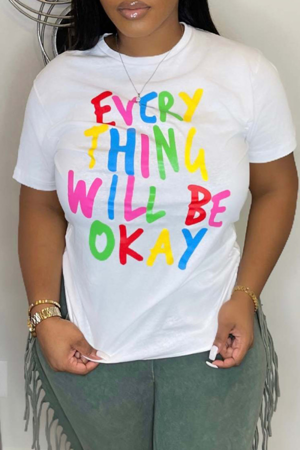 White Casual Letter Print Basic O Neck T-Shirts