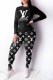 Black Casual Print Letter O Neck Long Sleeve Two Pieces
