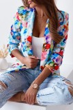 Red Casual Print Patchwork Cardigan Turn-back Collar Outerwear