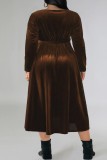 Burgundy Casual Solid Frenulum V Neck Long Sleeve Plus Size Dresses