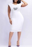 Rose Red Work Print Letter Square Collar One Step Skirt Dresses