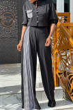 Black Casual Sweet Print Patchwork Pocket Buckle Mandarin Collar Half Sleeve Two Pieces