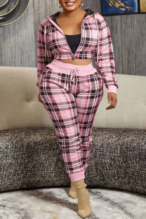 Pink Casual Plaid Print Patchwork Hooded Collar Plus Size Two Pieces