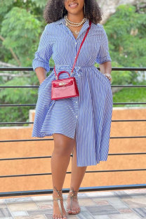 Blue Casual Daily Simplicity Striped Shirt Collar Asymmetrical Dresses