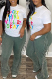 White Casual Letter Print Basic O Neck T-Shirts