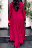 Red Casual Daily Elegant Pierced Plain Hollowed Out Fold Cardigan Halter Long Sleeve Two Pieces
