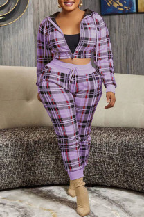 Purple Casual Plaid Print Patchwork Hooded Collar Plus Size Two Pieces
