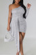 Grey Sexy Celebrities Solid Sequins Patchwork One Shoulder Wrapped Skirt Dresses