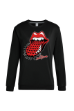 Black Casual Vintage Lips Printed Patchwork O Neck Tops