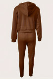 Brown Casual Letter Patchwork Draw String Pocket Hooded Collar Long Sleeve Two Pieces