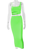 Fluorescent Orange Elegant Solid Hollowed Out Patchwork Spaghetti Strap Sleeveless Two Pieces