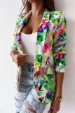 Blue Casual Print Patchwork Cardigan Turn-back Collar Outerwear