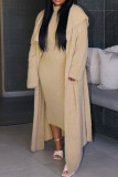 Khaki Casual Solid Basic Half A Turtleneck Long Sleeve Two Pieces