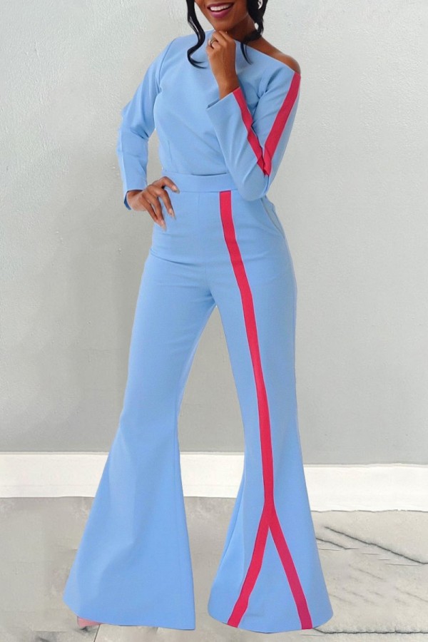 Blue Casual Solid Patchwork Oblique Collar Long Sleeve Two Pieces
