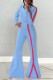 Blue Casual Solid Patchwork Oblique Collar Long Sleeve Two Pieces