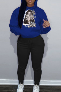 Blue Casual Print Patchwork Draw String Pocket Hooded Collar Long Sleeve Two Pieces