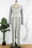 Grey Casual Patchwork Contrast Zipper Collar Long Sleeve Two Pieces