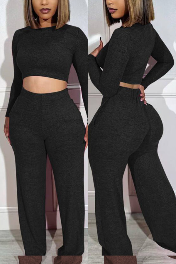 Black Casual Solid Basic O Neck Long Sleeve Two Pieces