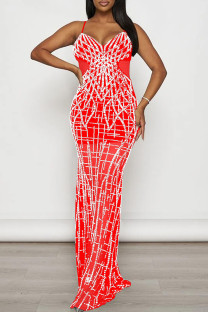 Red Elegant Solid Patchwork Mesh Hot Drill Zipper Spaghetti Strap One Step Skirt Dresses