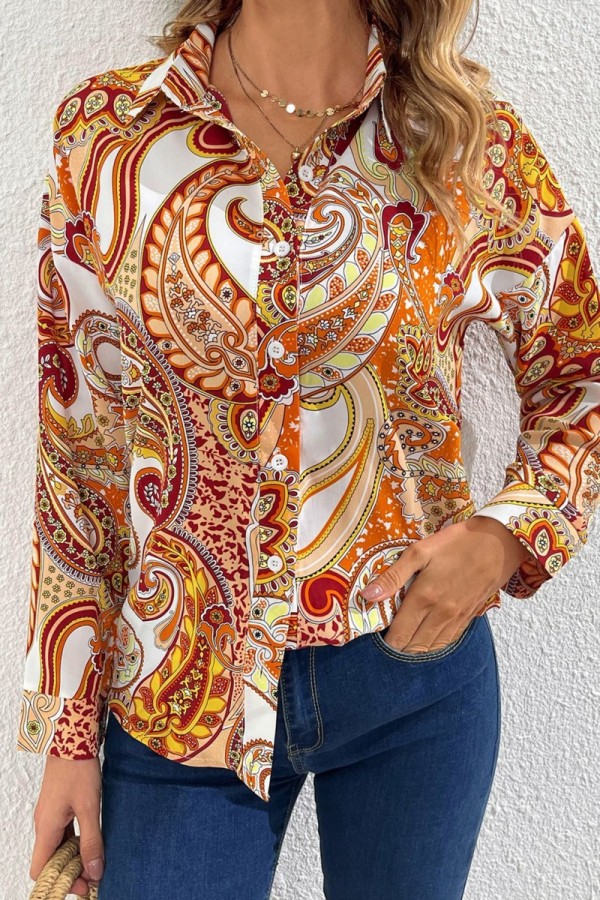 Multicolor Casual Print Patchwork Shirt Collar Tops
