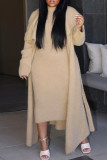 Khaki Casual Solid Basic Half A Turtleneck Long Sleeve Two Pieces