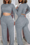 Rose Red Casual Solid Basic O Neck Long Sleeve Two Pieces