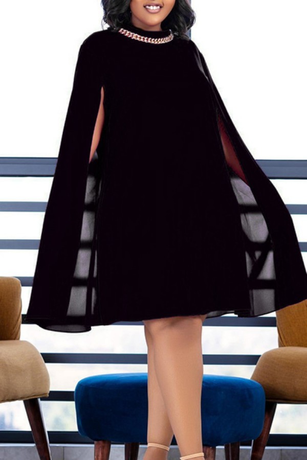 Black Casual Solid Patchwork Chains O Neck Long Sleeve Dresses
