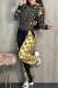 Black Gold Casual Print Patchwork Letter Hooded Collar Long Sleeve Two Pieces
