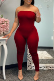 Rose Red Sexy Casual Solid Backless Strapless Skinny Jumpsuits