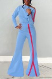 Blue Casual Solid Patchwork Oblique Collar Long Sleeve Two Pieces