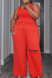 Red Casual Solid Ripped O Neck Sleeveless Two Pieces