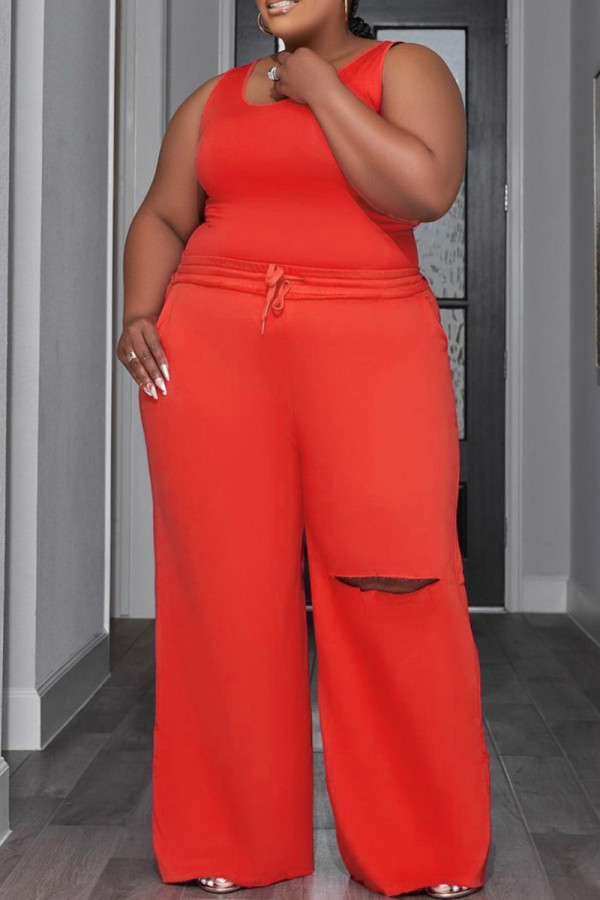 Red Casual Solid Ripped O Neck Sleeveless Two Pieces